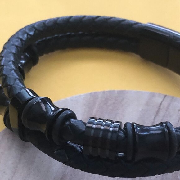 Mens Bracelet Double Row Black Braided Leather Black Stainless Steel Closure Sz - Picture 5 of 10